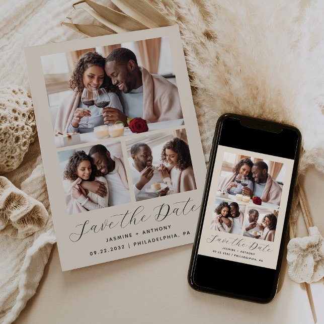 Save The Date Collage minimal de 3 photos en beige (Créateur téléchargé)