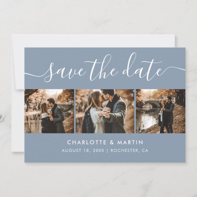 Save The Date Collage photo bleu Dusty moderne Enregistrer la da (Devant)