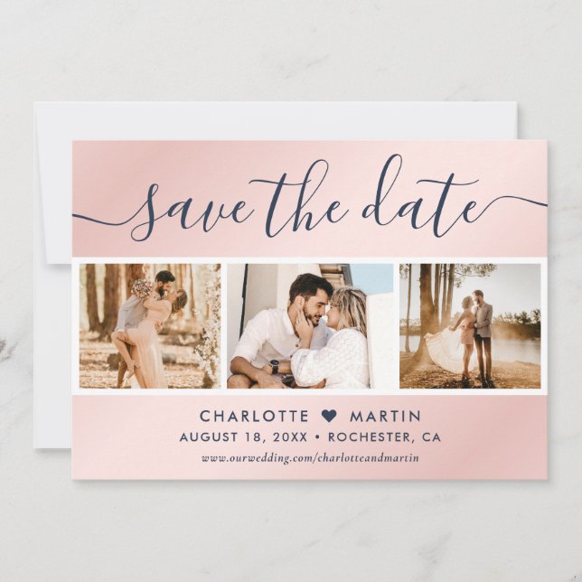 Save The Date Collage photo Mariage bleu et blanc de la Marine (Devant)