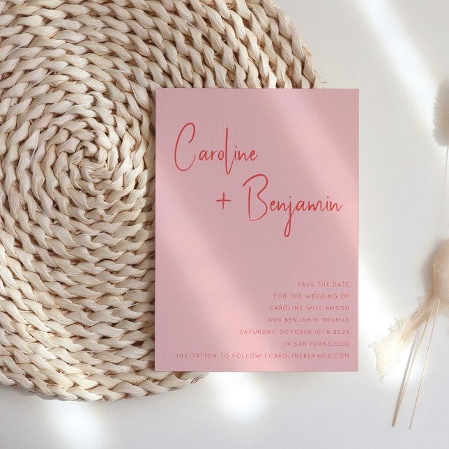 Save The Date Coloré moderne Boho rose rouge Mariage Script (Créateur téléchargé)