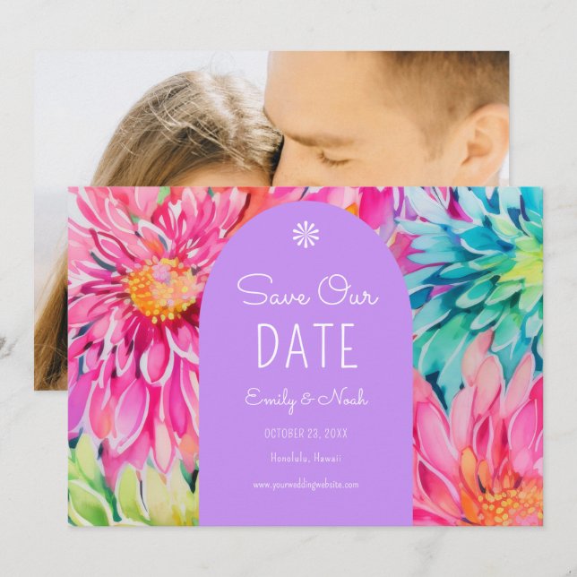 Save The Date Coloré moderne Tropical Floral Mariage Photo (Devant / Derrière)