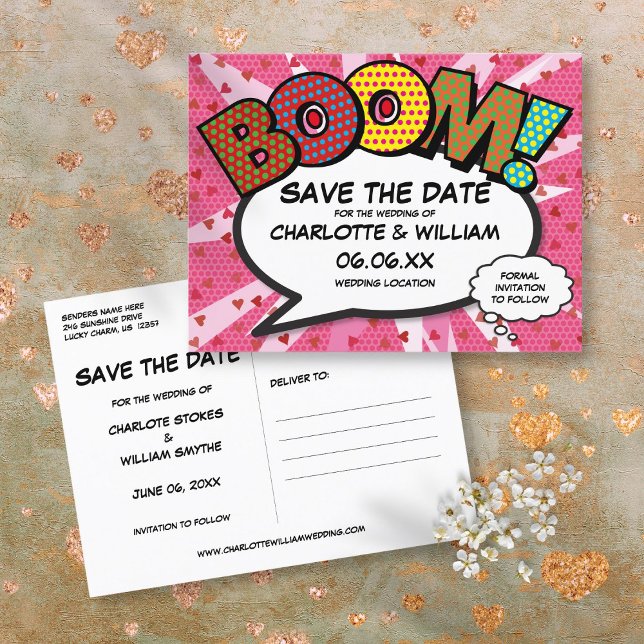 Save the Date Comic Buch BOOM Moderner rosa Spaß Ankündigungspostkarte (Save the Date Comic Book BOOM Modern Pink Fun Announcement Postcard)