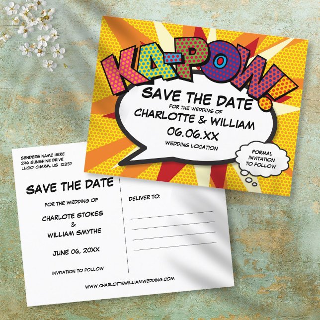 Save the Date Comic Buch KA-POW Moderner Spaß Ankündigungspostkarte (Save the Date Comic Book KA-POW Modern Fun Announcement Postcard)