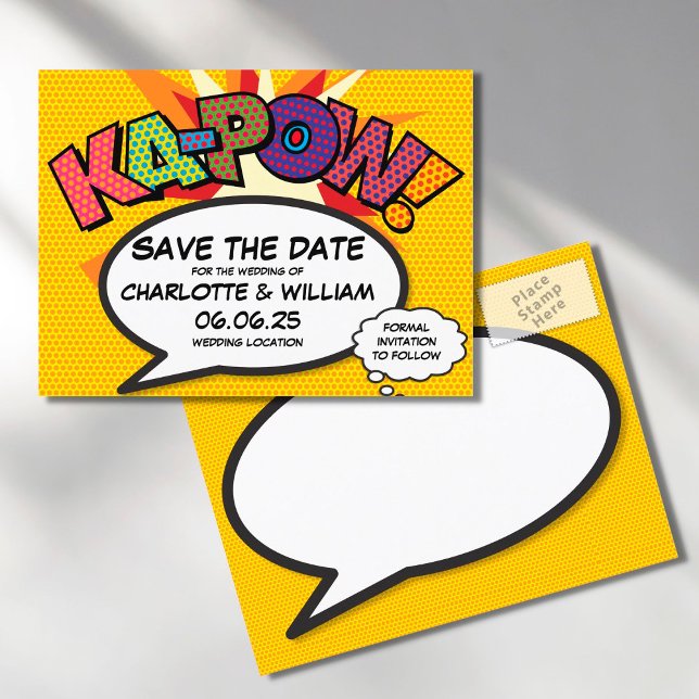 Save the Date Comic Buch KA-POW Moderner Spaß Ankündigungspostkarte (Von Creator hochgeladen)