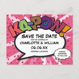 Save the Date Comic Buch KAPOW Moderner rosa Spaß Ankündigungspostkarte