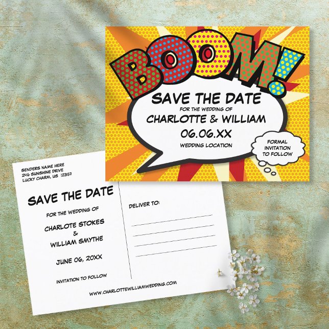 Save the Date Comic buchen BOOM Moderner Spaß Ankündigungspostkarte (Von Creator hochgeladen)