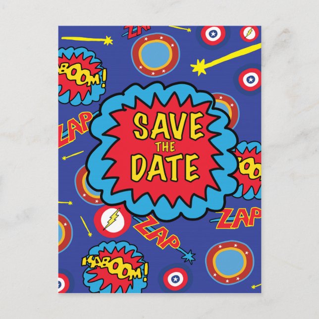 Save the Date Comic Heroes Postkarte (Vorderseite)