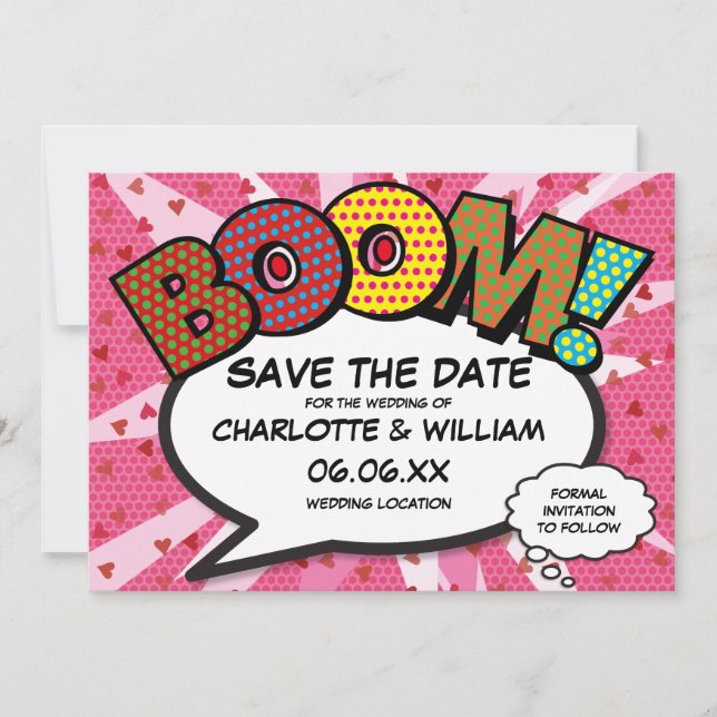 Save The Date Comique moderne amusant livre BOOM Pink Love Heart (Devant)