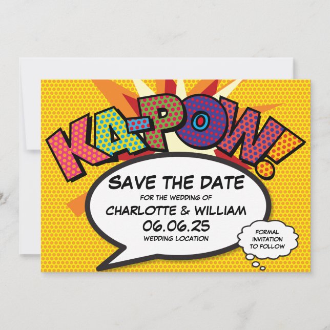 Save The Date Comique Moderne Fun Livre Kapow Mariage Enregistre (Devant)