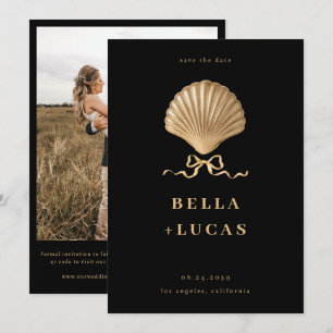 Save The Date Coquillage avec un Bow Gold Beach Destination Mari