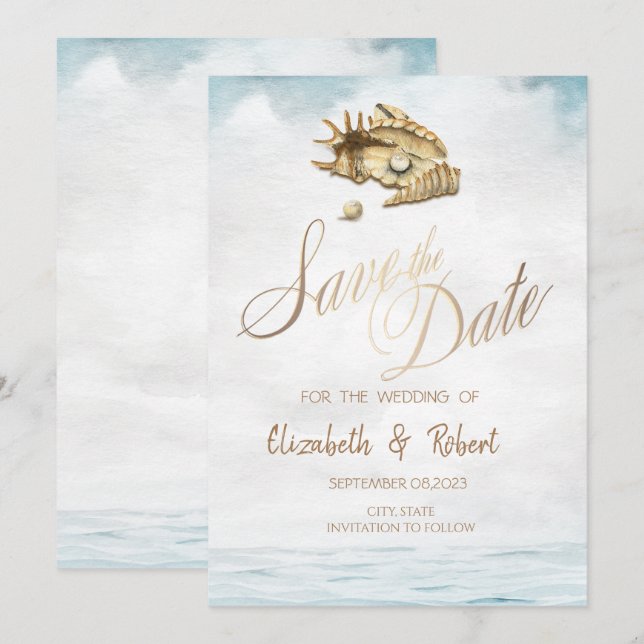 Save The Date Coquillages D'Aquarelle, Mer Enregistrer La Date (Devant / Derrière)