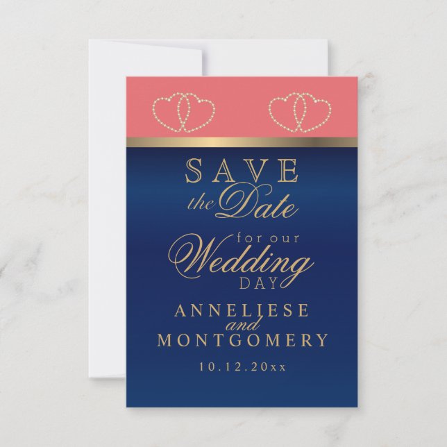 Save The Date Corail et Marine Blue Gold Hearts - Enregistrer la (Devant)
