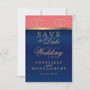 Save The Date Corail et Marine Blue Gold Hearts - Enregistrer la