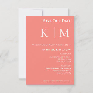 Save The Date Corail Rose et Mariage au Monogramme Blanc-