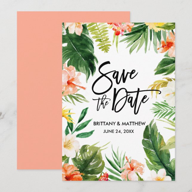 Save The Date Coral Aquarelle Tropical Floral Script (Devant / Derrière)