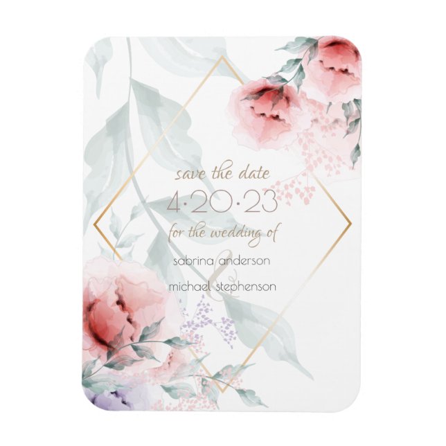 Save The Date | Coral/Lilac Aquarelle Peony Magnet (Vertikal)