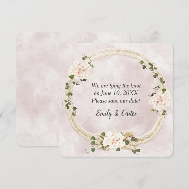 Save The Date Corde nouée avec bouquets d'hortensia (Devant / Derrière)