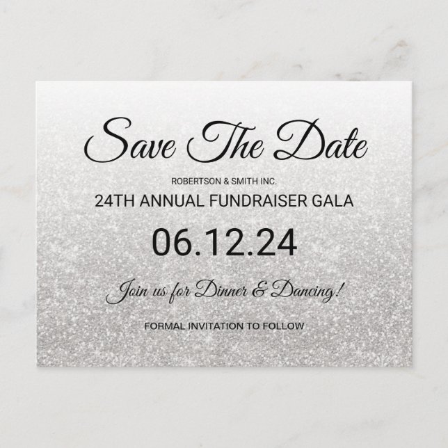 Save the Date Corporate Fundraiser Silver Glitzer Postkarte (Vorderseite)