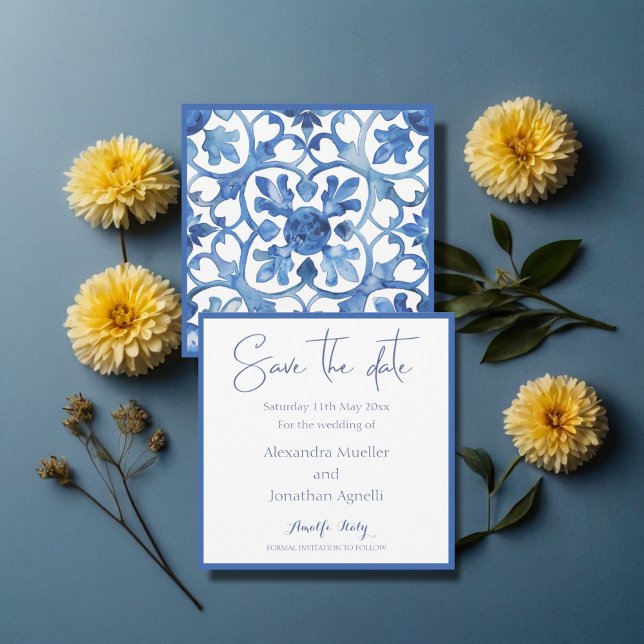 Save The Date Côte d'Amalfi Carreaux blancs bleus Italie (Créateur téléchargé)