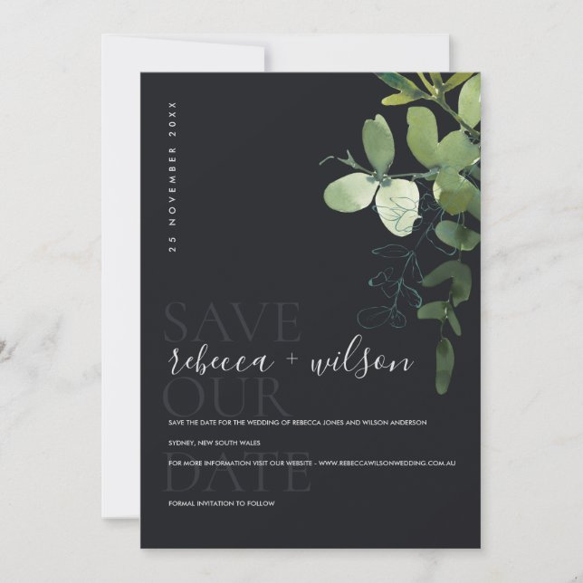 SAVE THE DATE COULEUR D'EAU DU FOLIAGE EUCALYPTUS MODERNE NOIR (Devant)