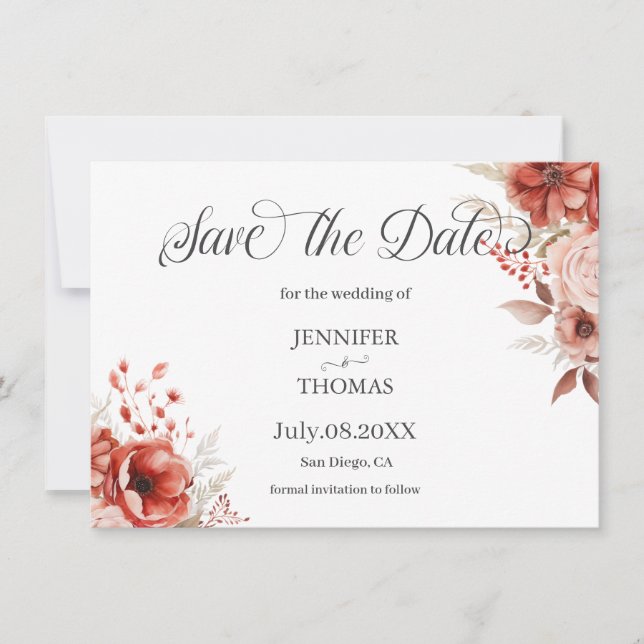 Save The Date Couleurs florales rose rouge élégant (Devant)