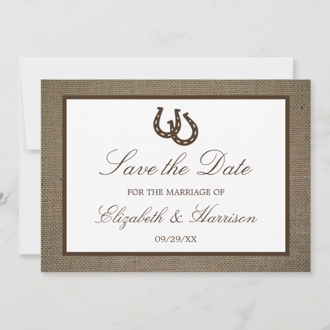 Save The Date Country Rustic Horseshoe Sur Burlap Enregistrer La (Devant)