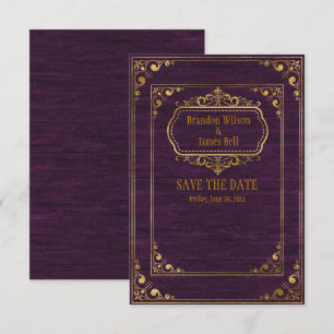 Save The Date Couple gay Mariage Cadres Or Bois de grange Violet