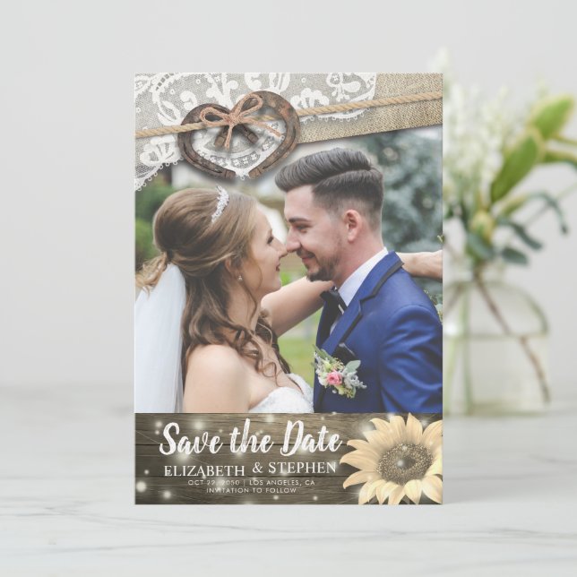 Save The Date Couple Horseshoe Mariage de tournesol Date de sauv (Debout devant)