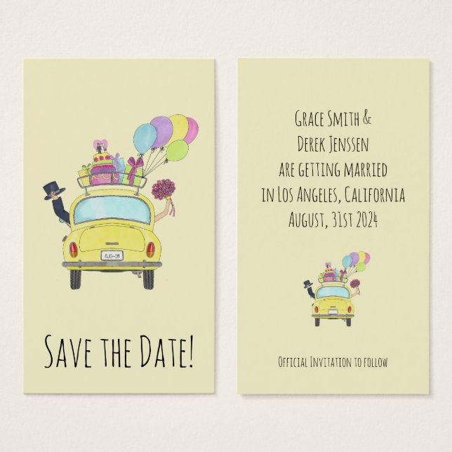 Save the Date Couple in Retro Car (Vorne & Hinten)