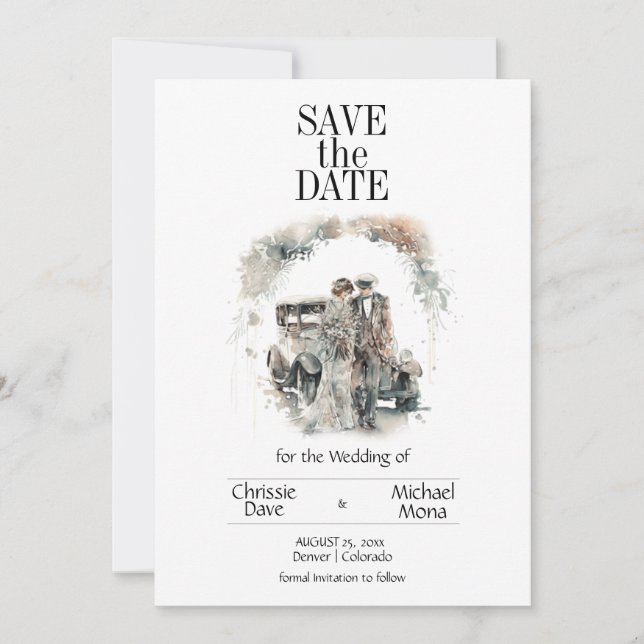 Save The Date Couple rétro en Mariage pastel (Devant)