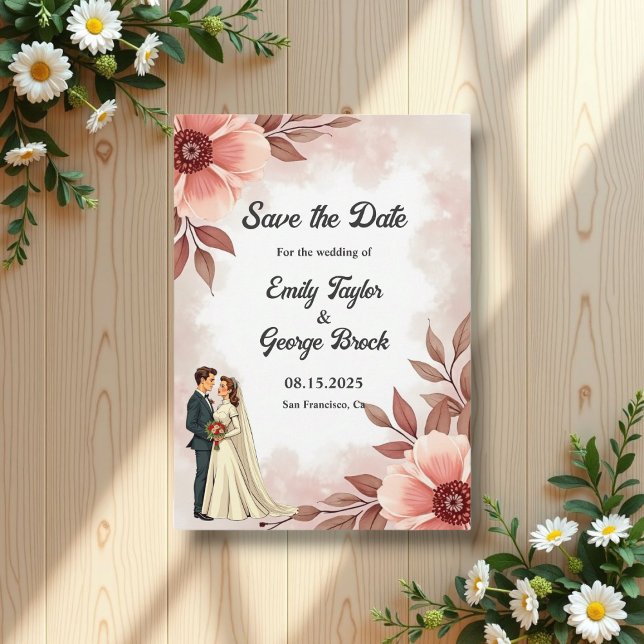Save The Date Couple romantique Dusty Aquarelle Mariage Floral (Créateur téléchargé)