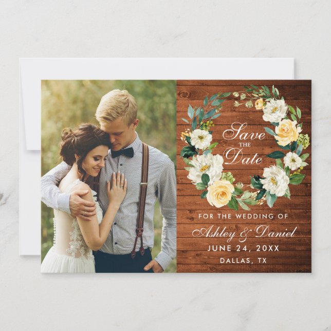 Save The Date Couronne de fleurs blanches en bois rustique (Devant)