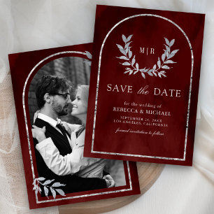 Save The Date Couronne de laurier argenté feuilles bordeaux roug