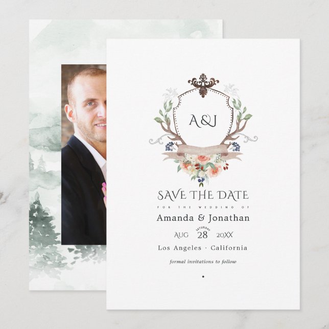 Save The Date Couronne de laurier de la forêt Monogramme Photo d (Devant / Derrière)