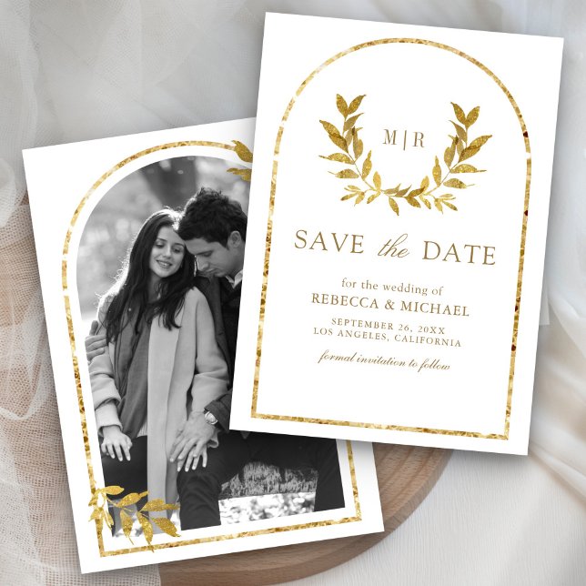 Save The Date Couronne de laurier doré Feuilles Mariage Blanc (Créateur téléchargé)