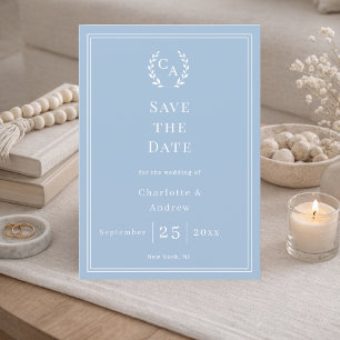 Save The Date Couronne de mariage en bleu poussiéreux monogramme