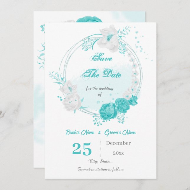 Save The Date couronne florale blanche turquoise (Devant / Derrière)