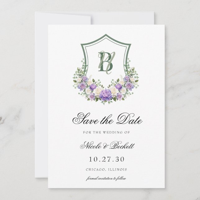 Save The Date Couronne florale blanche violette pour mariage  (Devant)
