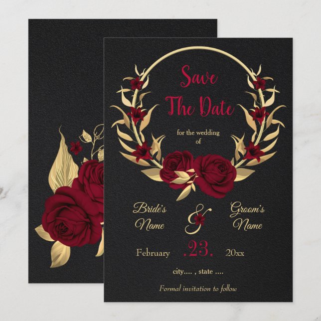 Save The Date couronne florale de couleur bordeaux et or sur fon (Devant / Derrière)