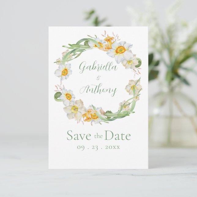 Save The Date Couronne florale de jonquilles blanches et jaunes, (Debout devant)