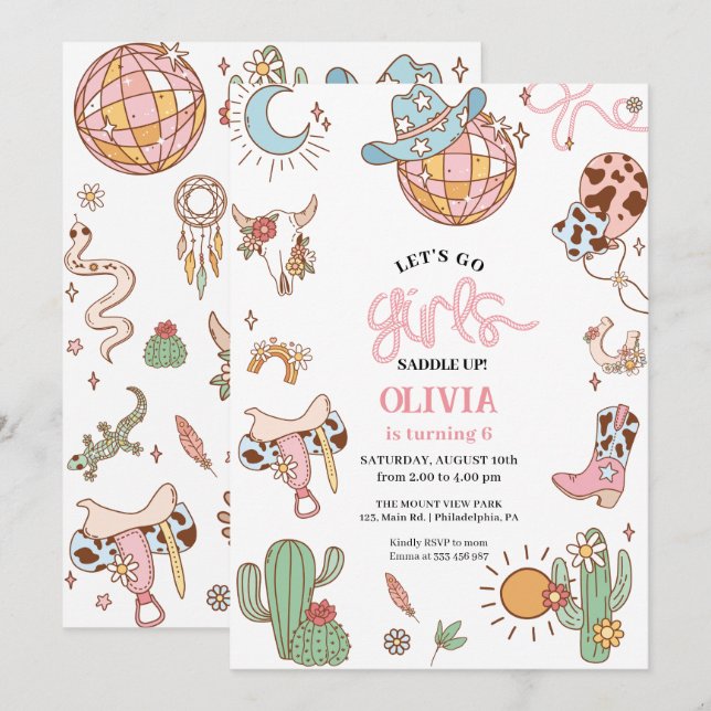 Save The Date Cowgirl 6e anniversaire C'est parti les filles Dis (Devant / Derrière)