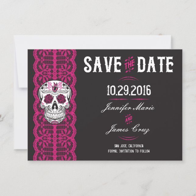 Save The Date Crâne à sucre en dentelle rose chaud Enregistrer l (Devant)