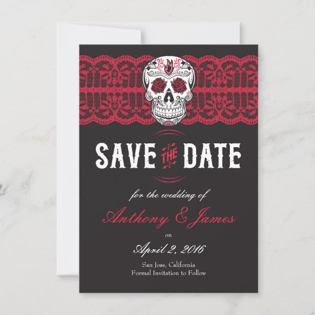 Save The Date Crâne à sucre en dentelle rouge Enregistrer les da (Devant)