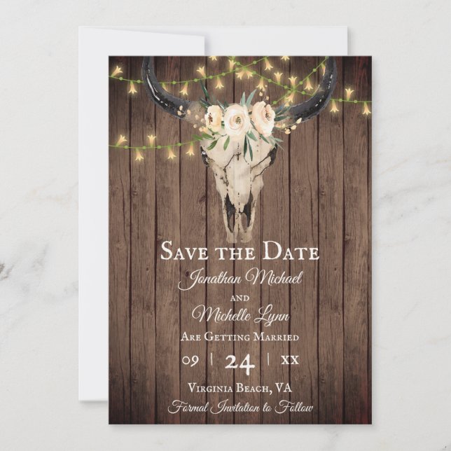 Save The Date Crâne boho rustique et lumières sur Mariage bois (Devant)
