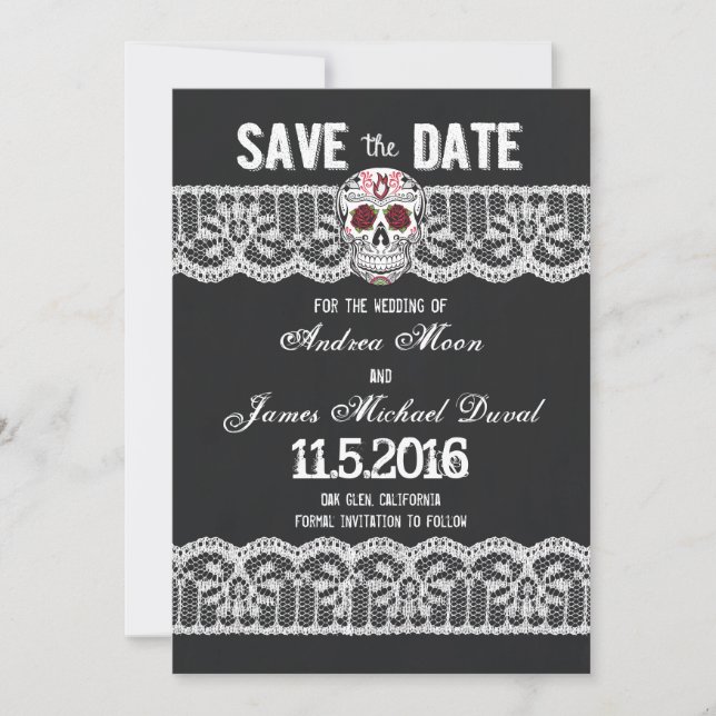 Save The Date Crâne et dentelle en tableau rouge 5" x 7" Enregis (Devant)