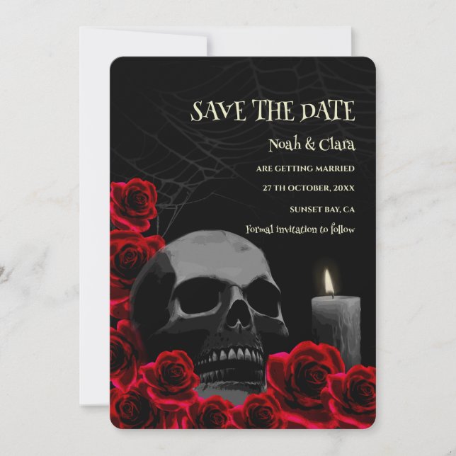 Save The Date Crâne gothique noir rouge foncé et Halloween Rose (Devant)