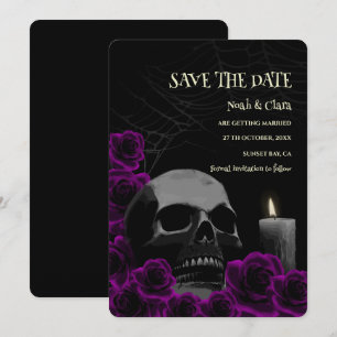 Save The Date Crâne gothique noir violet foncé et Halloween Rose