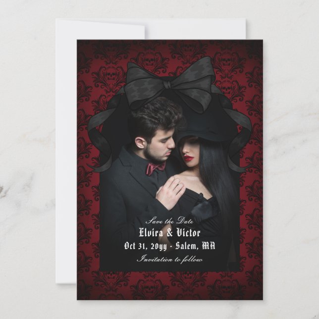 Save The Date Crâne Rouge Damas Noir Nœud Goth Mariage (Devant)