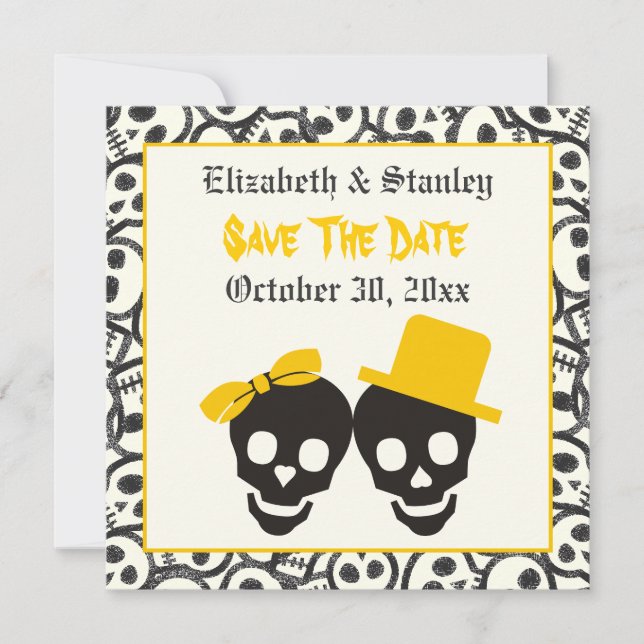 Save The Date Crânes Halloween mariage jaune Enregistrer la date (Devant)