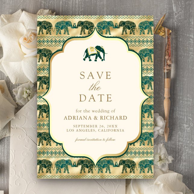 Save The Date Cream Emerald Gold Elephant Mariage indien Photo (Créateur téléchargé)